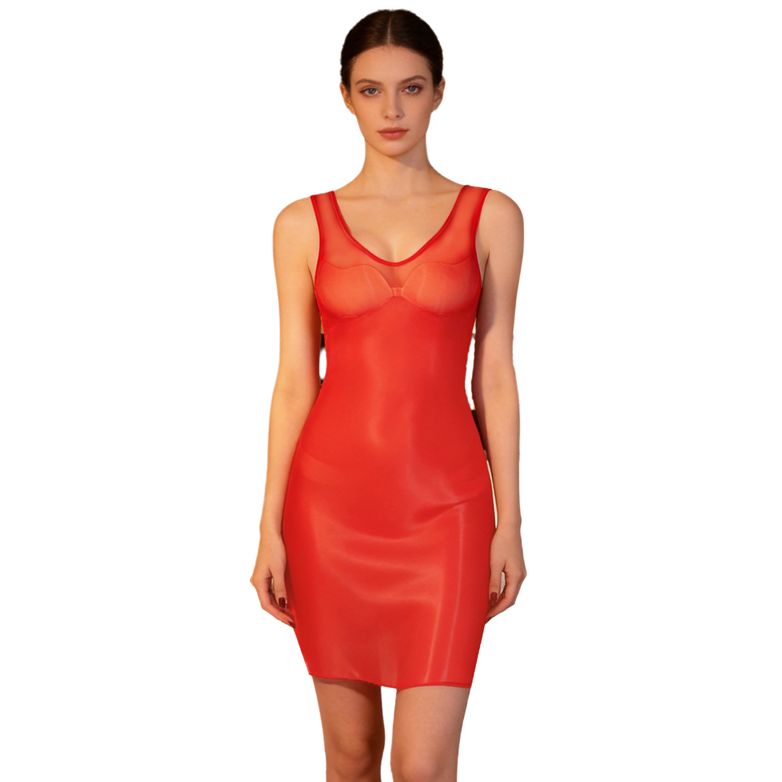 Babydoll Chemise Night - Glanzende, doorschijnende bodyconjurk voor dames, mouwloos,