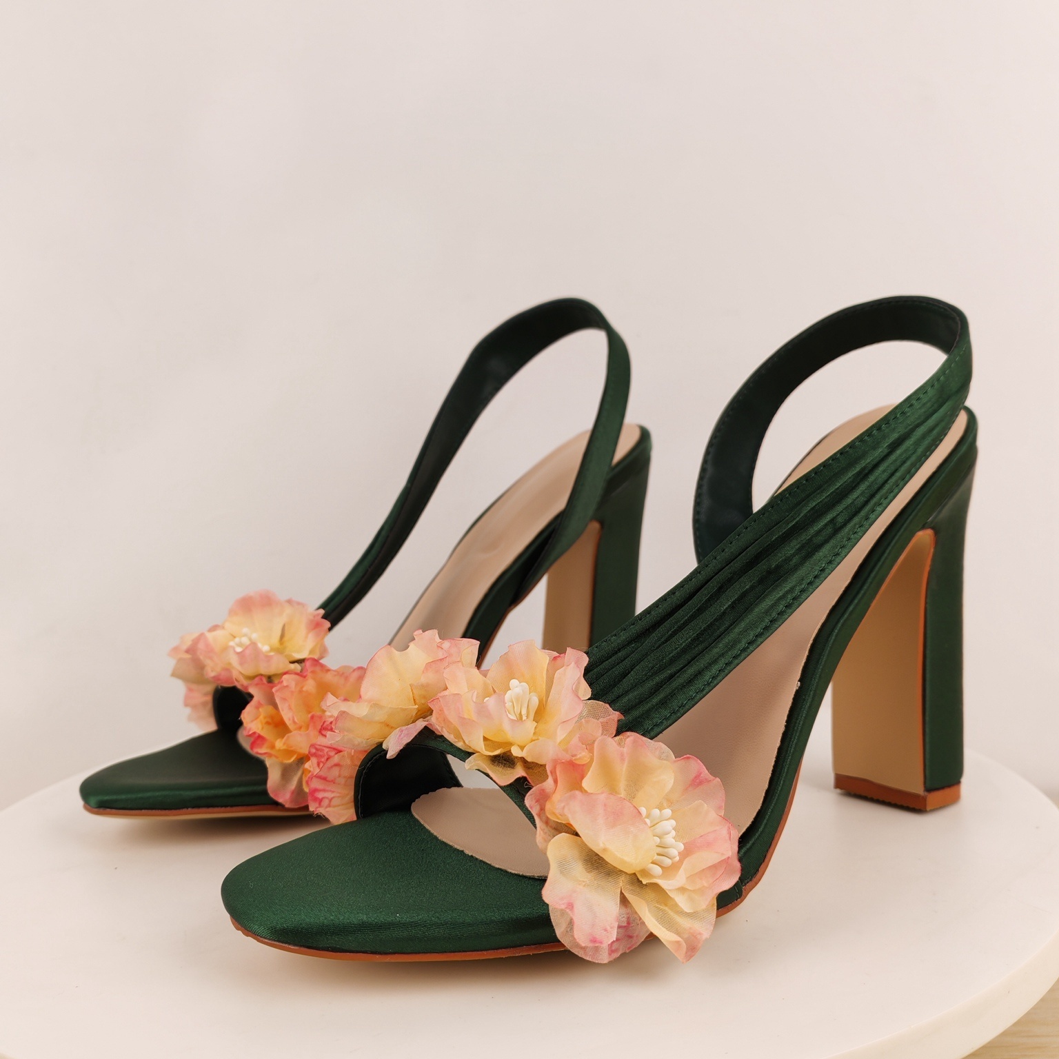 Slip Dress Satin - Blokhakken Slingback Bloemen Sandalen voor Dames